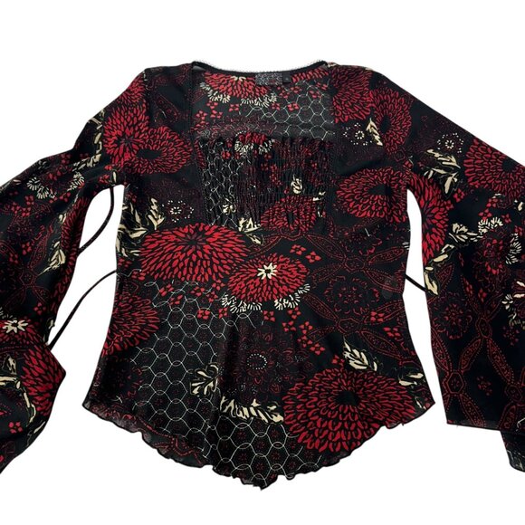 MCM Y2K Vintage Women Black & Red Floral Goth Top SZ XL Bell Asymmetric Sleeve - Picture 9 of 16
